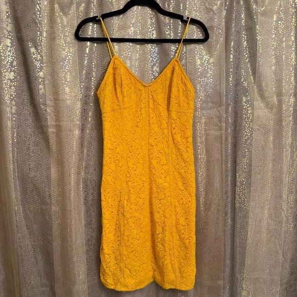 Free People Light Me Up Golden Yellow Floral Lace Slip Bodycon Dress Large - Picture 2 of 8